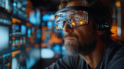 Man with futuristic augmented reality glasses observing data holograms in a high-tech control room, focusing intently.