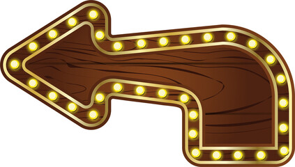 Fototapeta premium Wooden circus sign with bulb light. Marquee casino border frame with neon lamp, Isolated Vegas lights for ui game illustration. Wood and gold illuminated night club direction led element.