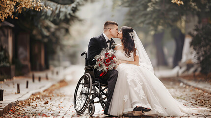 A beautiful romantic wedding portrait, taken outdoors, the bride is dressed in white and sitting with her new husband for a kiss, he is sitting in a wheelchair, landscape format 16:9