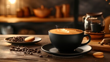 Steaming cup of coffee with latte art on wooden table. - Powered by Adobe