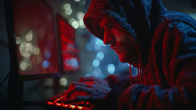 Hooded male hacker coding in a dark room with red and blue lights