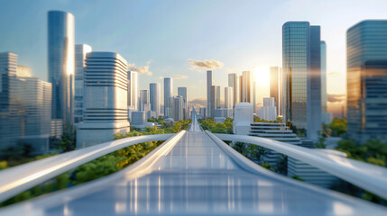 Futuristic Urban Cityscape with Skyscrapers and Modern Skyway at Sunrise