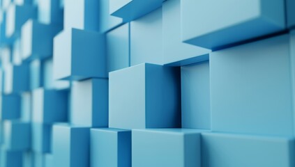 blue cubes in perspective, 3d rendering illustration of geometric blocks in light and shadow