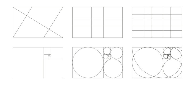 Golden ratio graphic template. Method golden section. Fibonacci array, numbers. Harmony proportions icons. Outline illustration isolated on a white background.