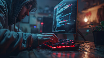 Fototapeta premium Young male programmer coding on a computer in a dark room