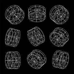 Obraz premium Wireframe lined shapes. Perspective mesh, 3d grid. Low poly geometric elements. Retro futuristic design elements, y2k, vaporwave and synthwave style. Vector illustration