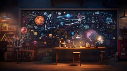 An educational blackboard showcasing imaginative artwork