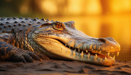 Fototapeta premium Close-up of a crocodile lying on the ground beside water, illuminated by warm, golden sunlight in a natural environment.