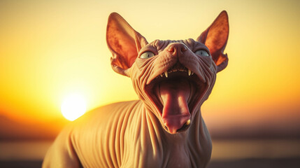 A playful Sphynx cat basking in the warm glow of a sunset, displaying its distinctive hairless skin and carefree attitude.