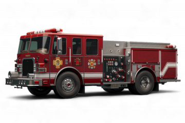 A Red Fire Truck Parked On A White Background