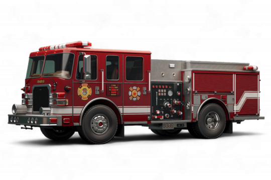 A Red Fire Truck Parked On A White Background