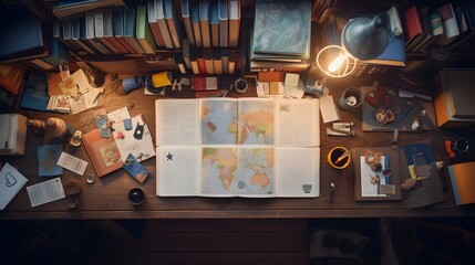 An overhead shot capturing the organized chaos of open textbooks on a student's desk