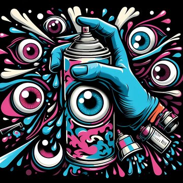 grafity artwork spray paint can style street painting mural,illustrated spray paint can with abstract and beautiful hand eyes,Generative AI