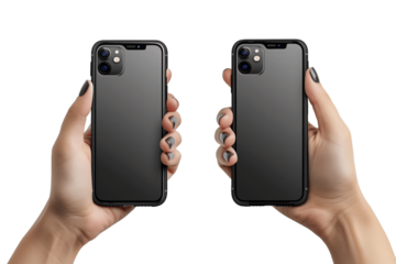 Two Black Smartphones Held in Hands Against a White Background