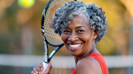Gray-haired African elderly woman engaged in a tennis match on the court, showing her love for the game. Active and healthy senior lifestyle.