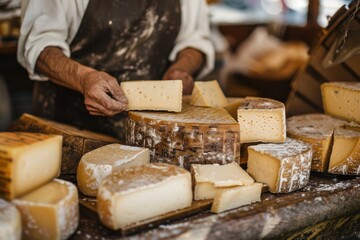 Close-up shot featuring a cheese vendor handling and presenting different cheese varieties, displayed on a rustic wooden counter, showcasing artisanal cheese craftsmanship.