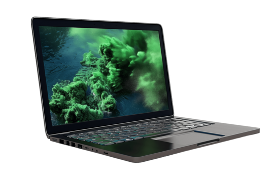 Matte Black Laptop Mockup With Transparent Screen And Green Cloud Background - Powered by Adobe