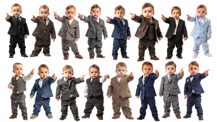 Fototapeta premium A set of young baby businessman points forward in isolation in a high-resolution image