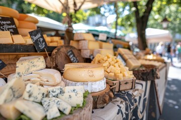 A beautiful display of cheese varieties at an outdoor market, featuring a colorful and finely arranged selection, reflecting the artisanal quality and rich heritage of cheese making.