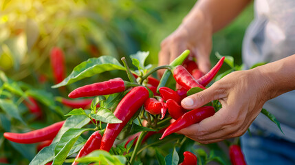 Farmer's hands picking Mexican organic red chili peppers on a plantation. Agricultural work and organic farming.