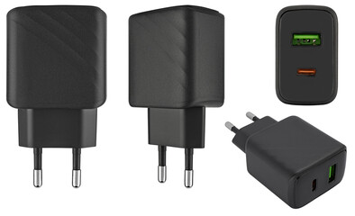 power adapter for phone, black color, on white background in insulation