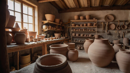 A high-quality wide-angle shot of a cozy homemade pottery workshop filled with various clay pots and pottery tools 