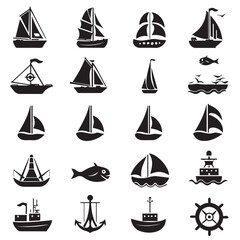 Design very stylish black pictograms that represent ship items icon set.flat. Simple. White background.