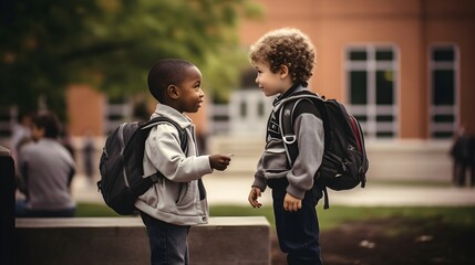 Fototapeta premium Candid moment of a child student offering help to a friend on campus