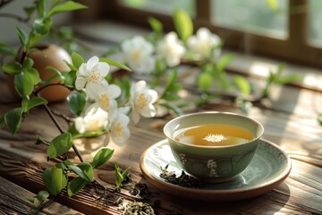 Cup of herbal tea and bowl on a wooden table outdoors in sunlight