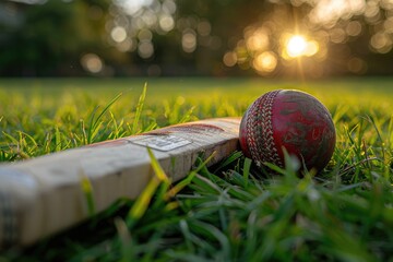 Close-up view of a worn cricket ball and bat lying on grass field