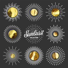 Vintage sunburst, sunset beams. Gold foil, shiny handmade circles. Golden glittering texture, pattern. Hand drawn bursting sun, light rays. Logotype or lettering, retro style. Vector illustration