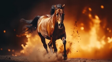 Fiery horse in motion on dark backdrop, ideal for banner design with space for text