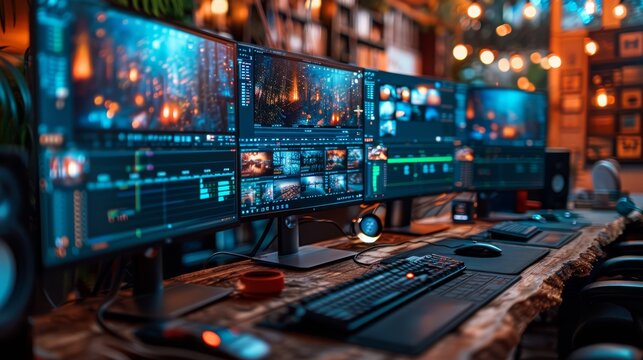 Creative workspace of a video editor is filled with high-tech equipment. Multiple screens show various scenes as they meticulously edit a movie using top-notch software.