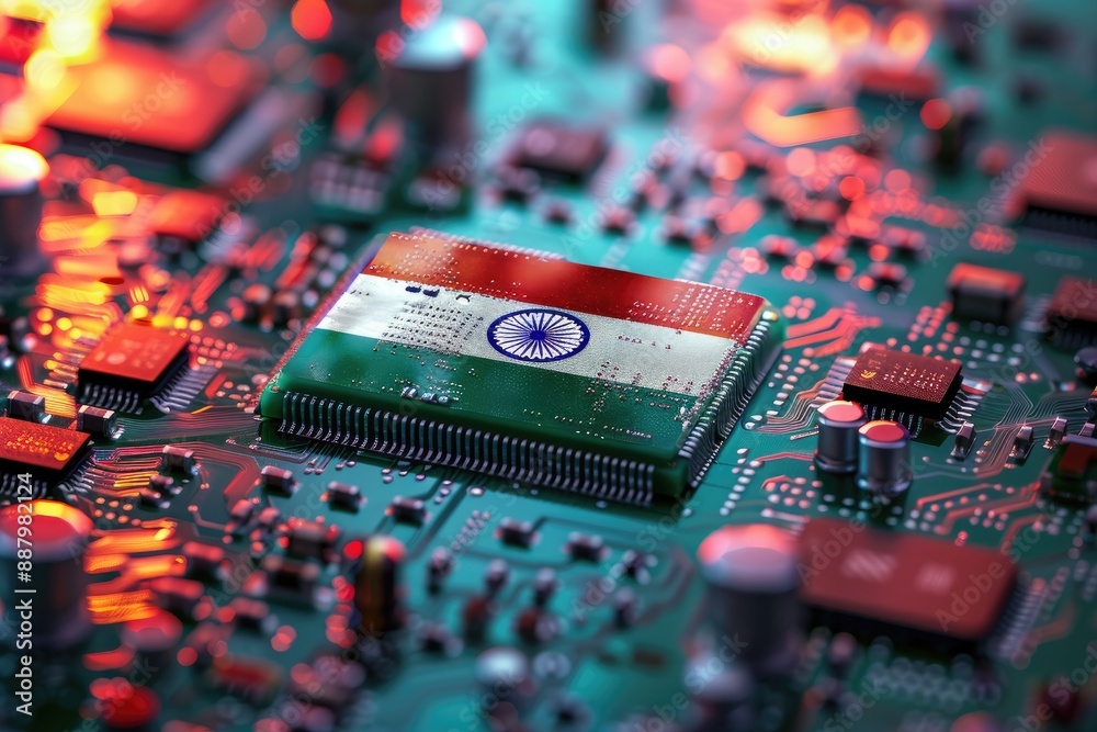 Aufkleber Close-up of Indian flag on a microchip symbolizing technological growth