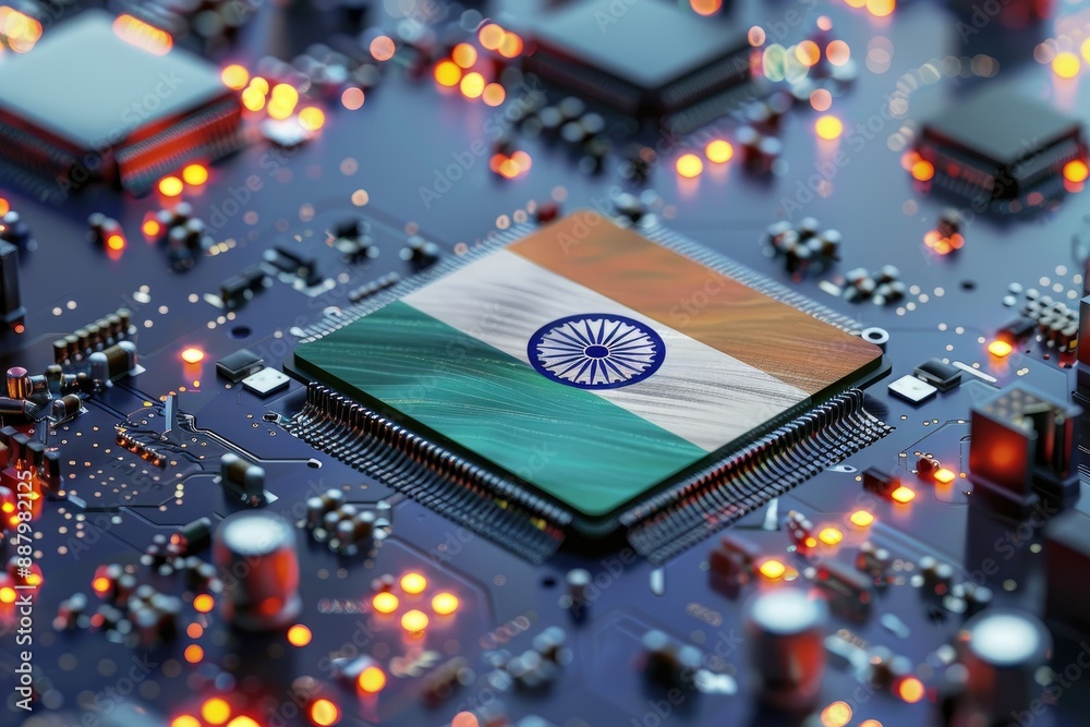 Aufkleber close-up of indian flag on a microchip symbolizing technological growth