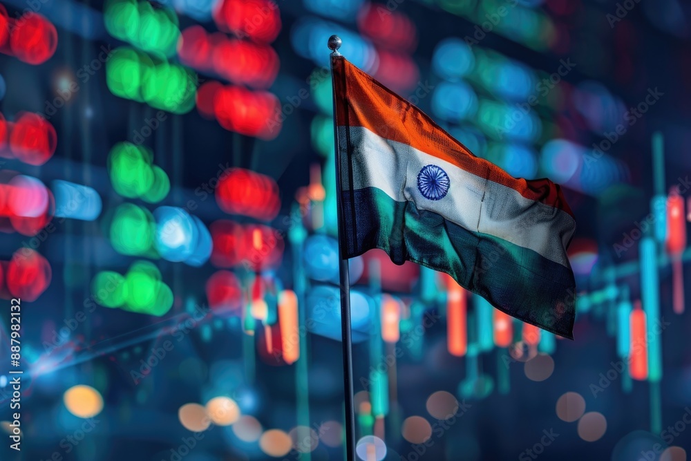 Poster indian flag waving with stock market graphs in background