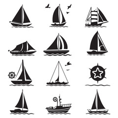 Design very stylish black pictograms that represent ship items icon set.flat. Simple. White background.