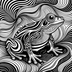 Monochrome Surreal Frog on Psychedelic Swirling Background - Hypnotic Black-and-White Optical Illusion Ink Illustration
