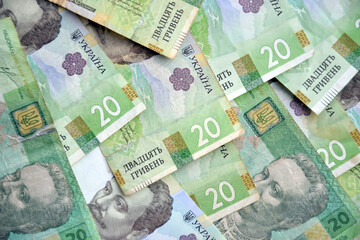 Processed collage of Ukrainian Hryvnia UAH bills banknotes texture. Background for banner