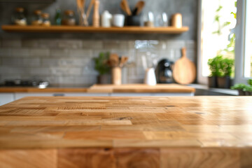 A minimal japandi style wooden kitchen island with a blurred kitchen on background
