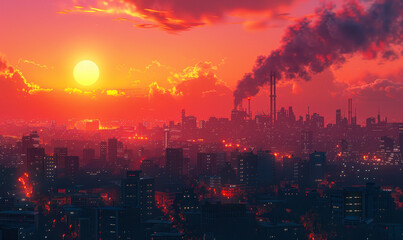 Obraz premium Urban Smog and Pollution in Cityscape at Sunset, Illustrating Environmental Issues from Urbanization, Dense Smoke from Factories Darkening Sky, Dramatic Contrast of Industrialization and Nature