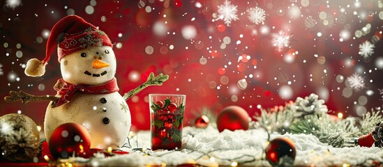 Christmas snowman themed table setting against a festive holiday background embodying the Christmas concept with a designated space for images. Copy space image. Place for adding text and design