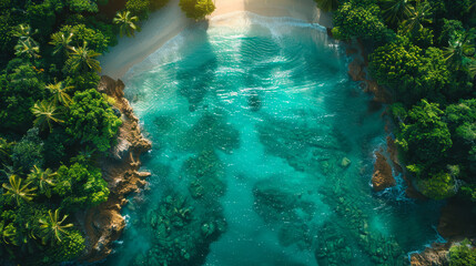 Obraz premium Aerial View of Tropical Paradise with Crystal Clear Waters Surrounded by Lush Greenery, Secluded Beach Cove, Pristine Sea, Perfect Vacation Destination, Idyllic Island Escape at Sunrise
