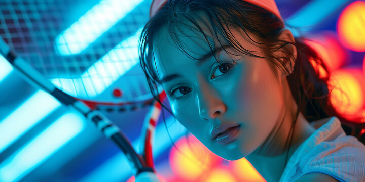 Close up shot of female tennis player in vibrant neon lighting, highlighting her intense focus and modern aesthetic, capturing essence of competitive spirit in visually striking manner