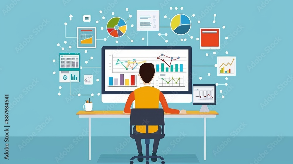 Poster data analysis and business analytics - a person sitting at a desk in front of a computer analyzing d
