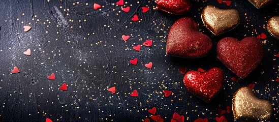Valentine s Day theme with numerous red and gold hearts on a black glitter background for a greeting card featuring a copy space image