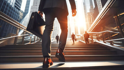 modern businessman working close-up legs walking up the stairs in modern city. in rush hour to work in office a hurry. During the first morning of work. stairway.