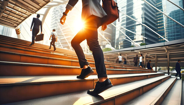 modern businessman working close-up legs walking up the stairs in modern city. in rush hour to work in office a hurry. During the first morning of work. stairway. - Powered by Adobe