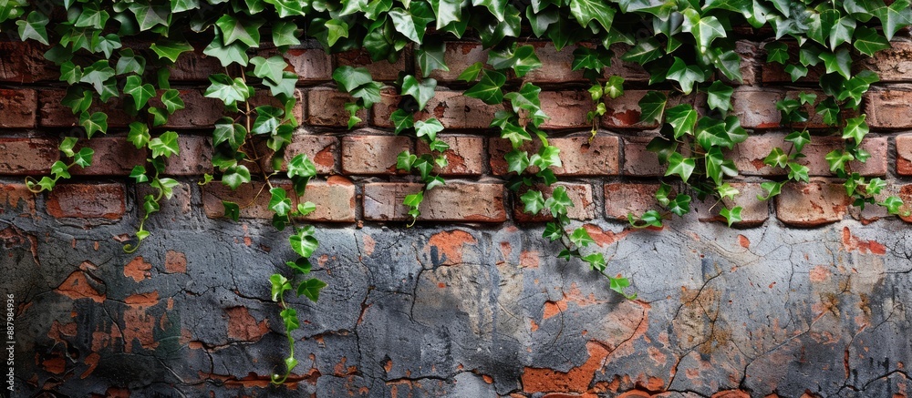 Wall mural ivy climbing on a brick wall creating a charming composition with copy space image