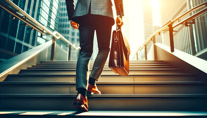 modern businessman working close-up legs walking up the stairs in modern city. in rush hour to work in office a hurry. During the first morning of work. stairway.